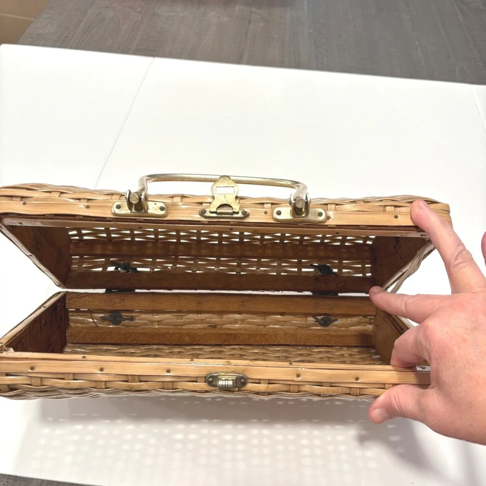 Vintage Wicker Box Purse Basket Handbag Rattan Picnic Style Top Handle